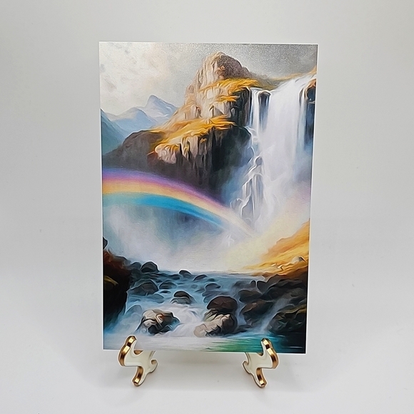 4x4 Waterfall with Rainbow Wall Art Illustration Watercolor Oil Painting Print - Picture 2 of 7